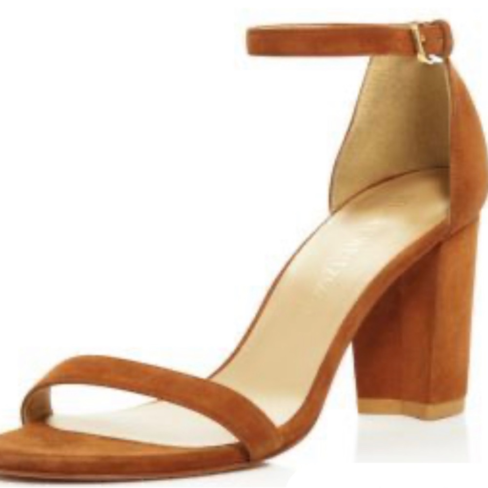 Stuart Weitzman nearly nude tan brown suede 8 
Open Toe Mid Block sandal